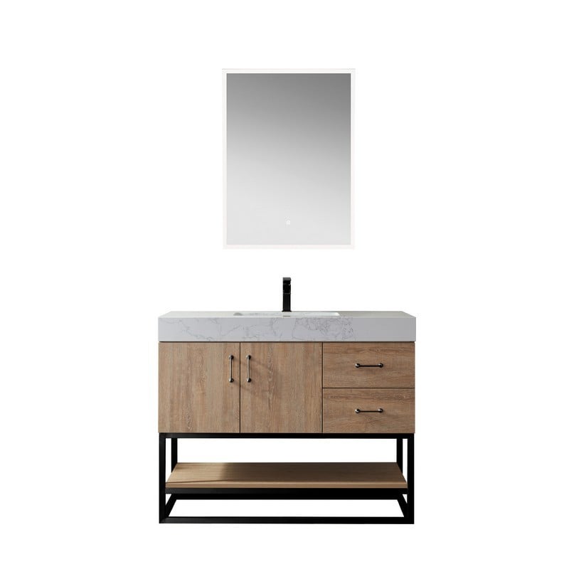 VINNOVA 789042B-NO-GW ALISTAIR 42B INCH  SINGLE VANITY IN NORTH AMERICAN OAK WITH WHITE GRAIN STONE COUNTERTOP WITH MIRROR