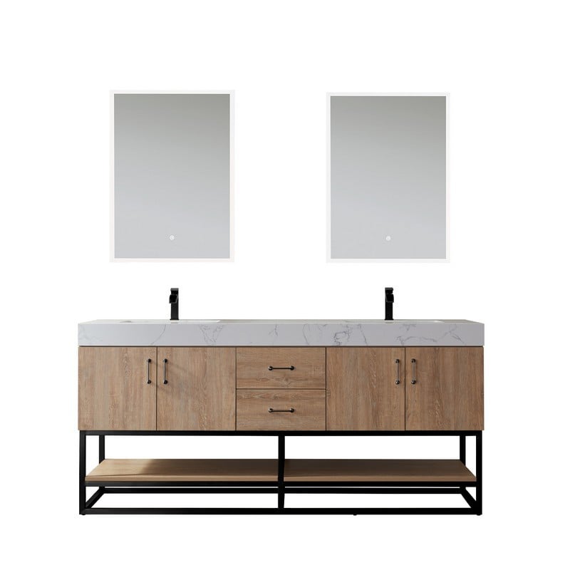 VINNOVA 789072B-NO-GW ALISTAIR 72B INCH  DOUBLE VANITY IN NORTH AMERICAN OAK WITH WHITE GRAIN STONE COUNTERTOP WITH MIRROR