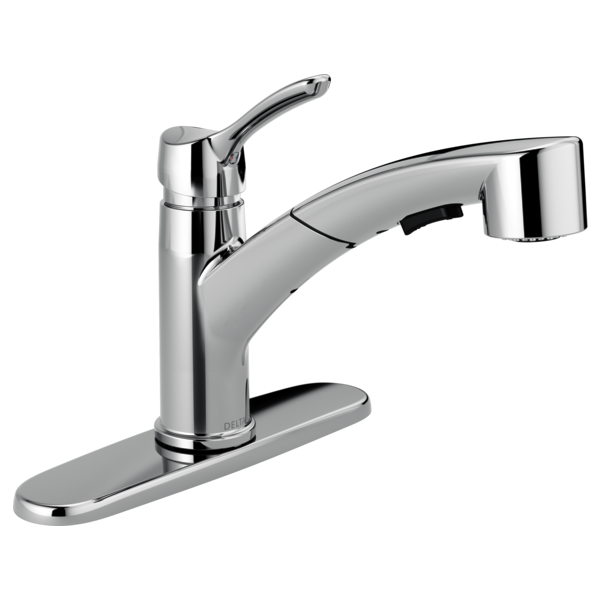 DELTA 4140-TP-DST COLLINS 10 3/8 INCH THREE HOLE DECK MOUNT TRACT-PACK PULL-OUT KITCHEN FAUCET WITH LEVER HANDLE