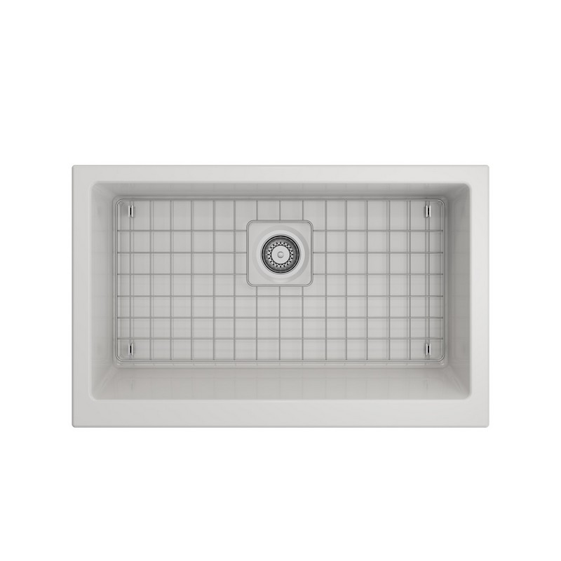 BOCCHI 1551-0120 NUOVA PRO 34 INCH FIRECLAY SINGLE BOWL KITCHEN SINK WITH PROTECTIVE BOTTOM GRID AND STRAINER