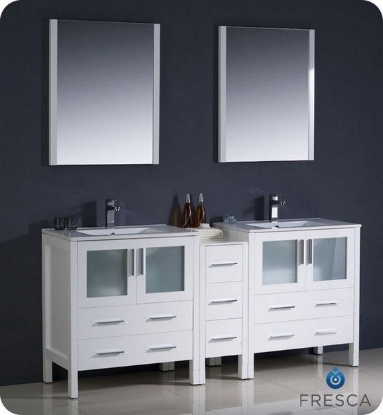 FRESCA FVN62-301230WH-UNS TORINO 72 INCH WHITE MODERN DOUBLE SINK BATHROOM VANITY WITH SIDE CABINET AND UNDERMOUNT SINKS