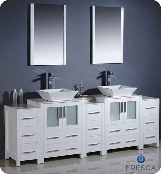 FRESCA FVN62-72WH-VSL TORINO 84 INCH WHITE MODERN DOUBLE SINK BATHROOM VANITY WITH 3 SIDE CABINETS AND VESSEL SINKS