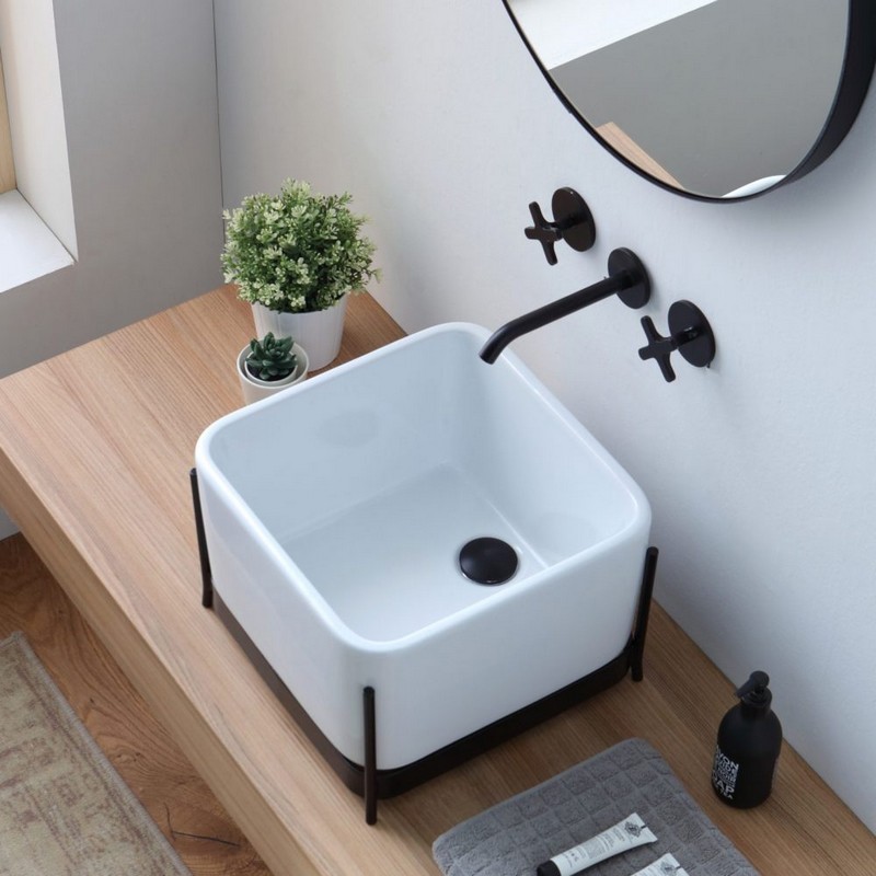 HORGANICA PS HO-BRD01Q IBRIDO 13 3/4 INCH SQUARE COUNTERTOP VESSEL BATHROOM SINK WITH BLACK IRON STRUCTURE