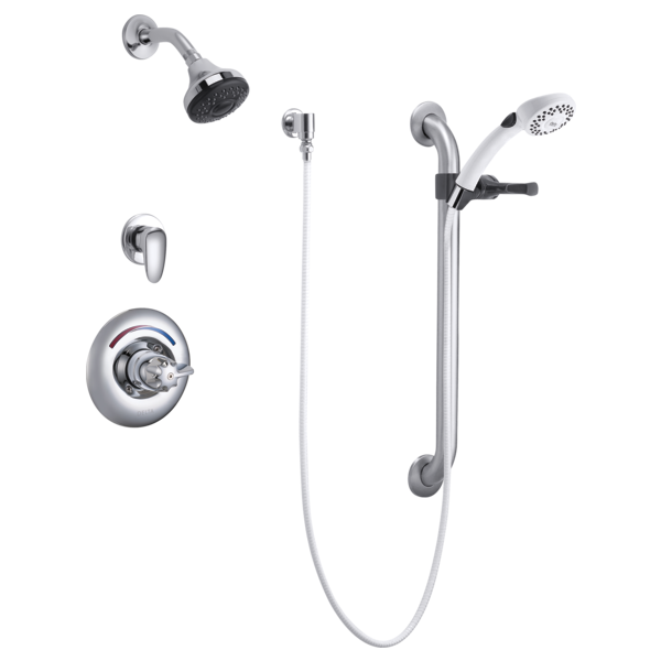 DELTA T13H333 COMMERCIAL CLASSIC UNIVERSAL DUAL SHOWER TRIM, DIVERTER, HAND SHOWER, & GRAB BAR - CHROME