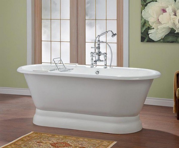 CHEVIOT 2164-WW 70 INCH CARLTON CAST IRON BATHTUB WITH PEDESTAL BASE AND FLAT AREA FOR FAUCET HOLES IN WHITE