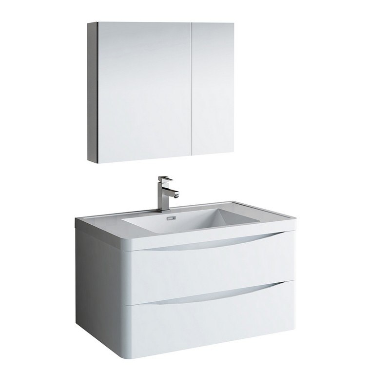 FRESCA FVN9036WH TUSCANY 36 INCH GLOSSY WHITE WALL HUNG MODERN BATHROOM VANITY WITH MEDICINE CABINET