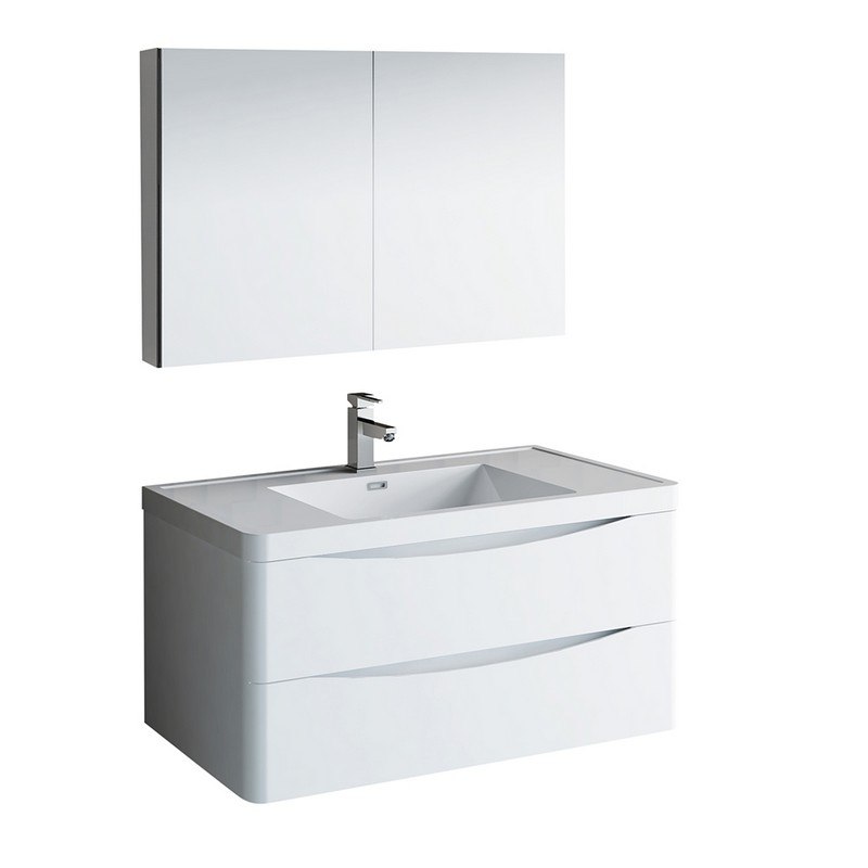 FRESCA FVN9040WH TUSCANY 40 INCH GLOSSY WHITE WALL HUNG MODERN BATHROOM VANITY WITH MEDICINE CABINET