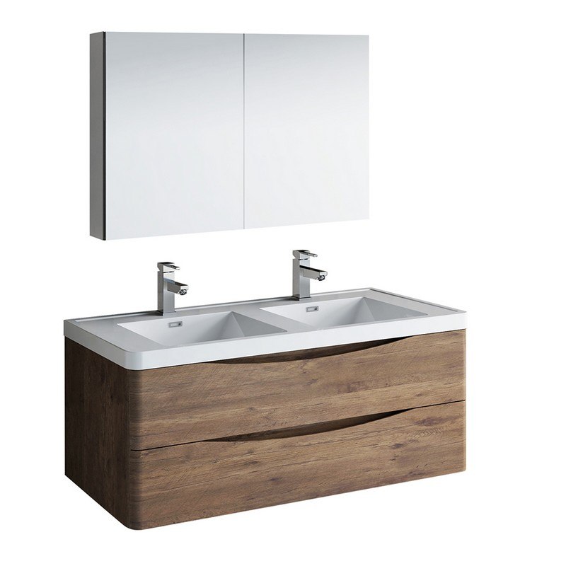FRESCA FVN9048RW-D TUSCANY 48 INCH ROSEWOOD WALL HUNG DOUBLE SINK MODERN BATHROOM VANITY WITH MEDICINE CABINET