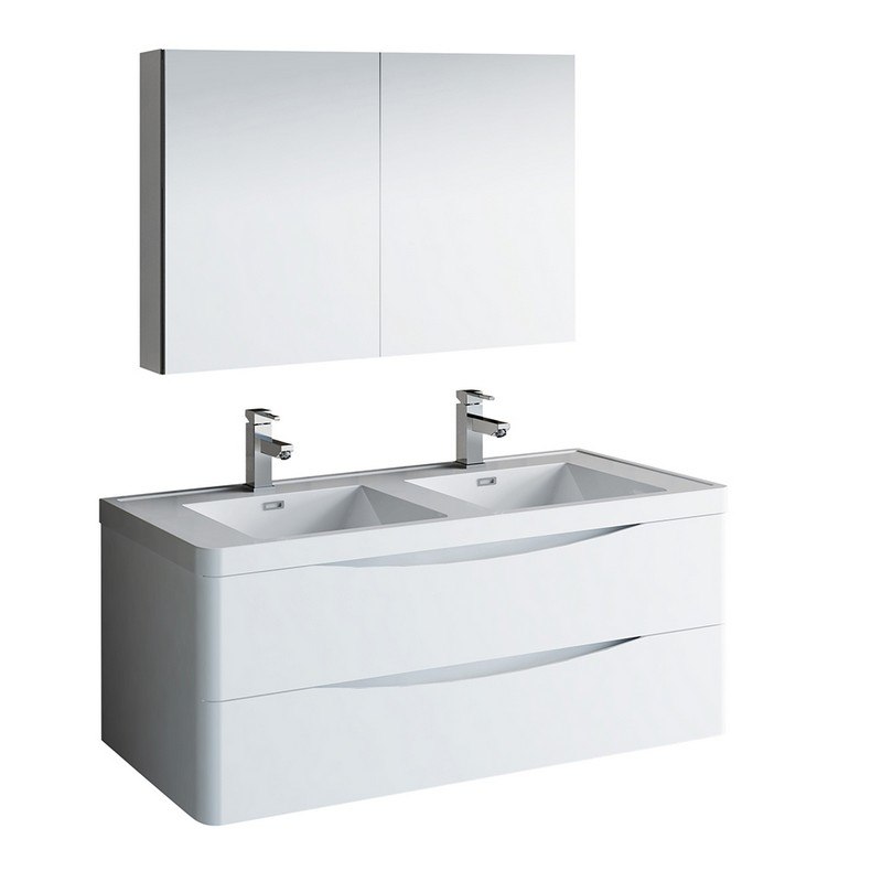 FRESCA FVN9048WH-D TUSCANY 48 INCH GLOSSY WHITE WALL HUNG DOUBLE SINK MODERN BATHROOM VANITY WITH MEDICINE CABINET