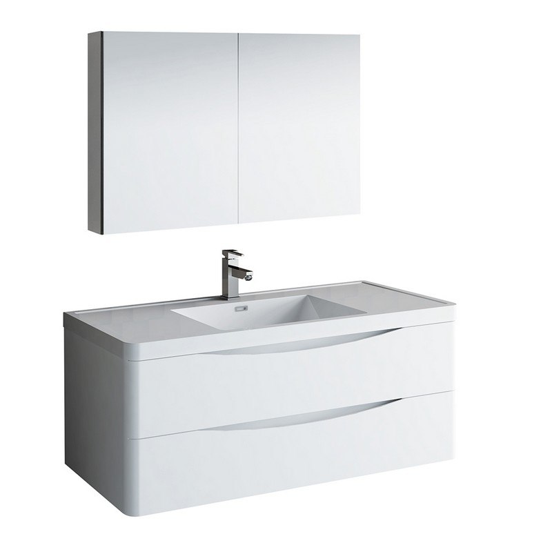 FRESCA FVN9048WH TUSCANY 48 INCH GLOSSY WHITE WALL HUNG MODERN BATHROOM VANITY WITH MEDICINE CABINET