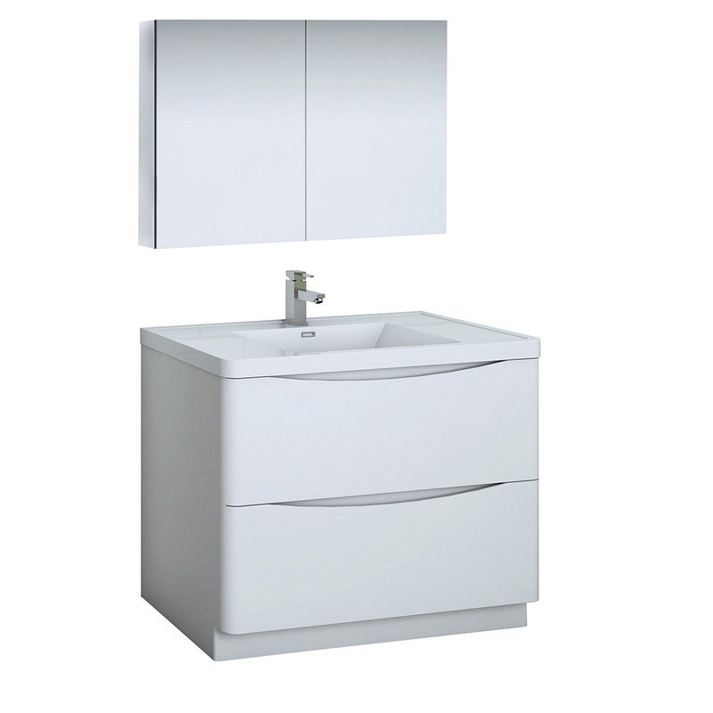 FRESCA FVN9140WH TUSCANY 40 INCH GLOSSY WHITE FREE STANDING MODERN BATHROOM VANITY WITH MEDICINE CABINET
