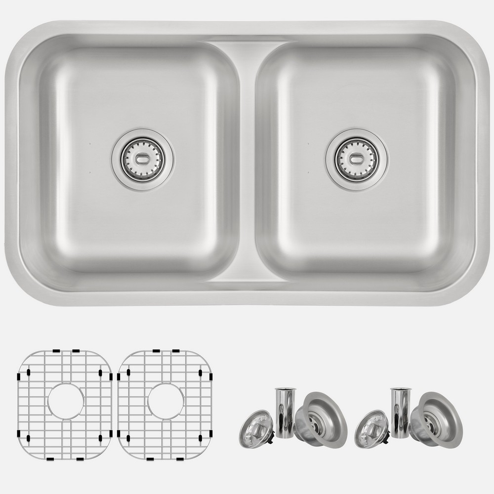 STYLISH S-202XTG OLIVINE 32 1/4 INCH STAINLESS STEEL LOW DIVIDER DOUBLE UNDERMOUNT AND DROP-IN KITCHEN SINK WITH GRIDS AND STRAINERS