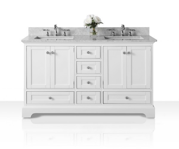 ANCERRE DESIGNS VTS-AUDREY-60-W-CW AUDREY 60 INCH BATH VANITY SET IN WHITE WITH ITALIAN CARRARA WHITE MARBLE VANITY TOP AND WHITE UNDERMOUNT BASIN