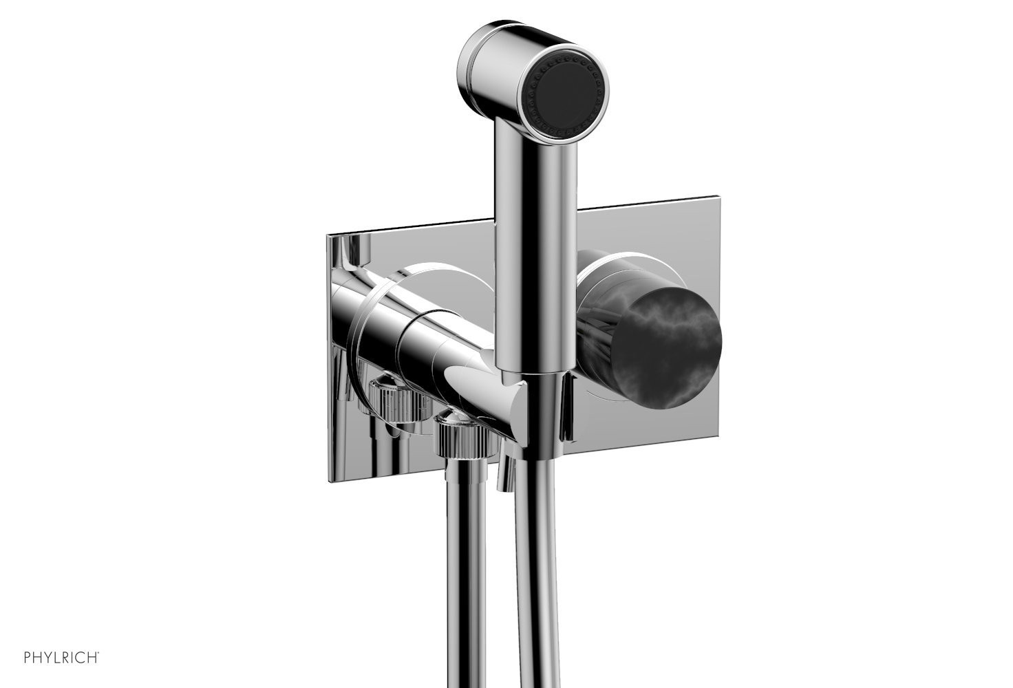 PHYLRICH 230-67-030 BASIC II TWO HOLE WALL MOUNT BIDET FAUCET WITH BLACK MARBLE LEVER HANDLE