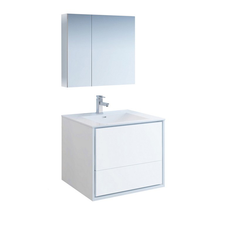 FRESCA FVN9230WH CATANIA 30 INCH GLOSSY WHITE WALL HUNG MODERN BATHROOM VANITY WITH MEDICINE CABINET