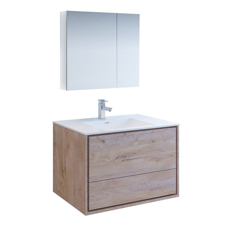 FRESCA FVN9236RNW CATANIA 36 INCH RUSTIC NATURAL WOOD WALL HUNG MODERN BATHROOM VANITY WITH MEDICINE CABINET