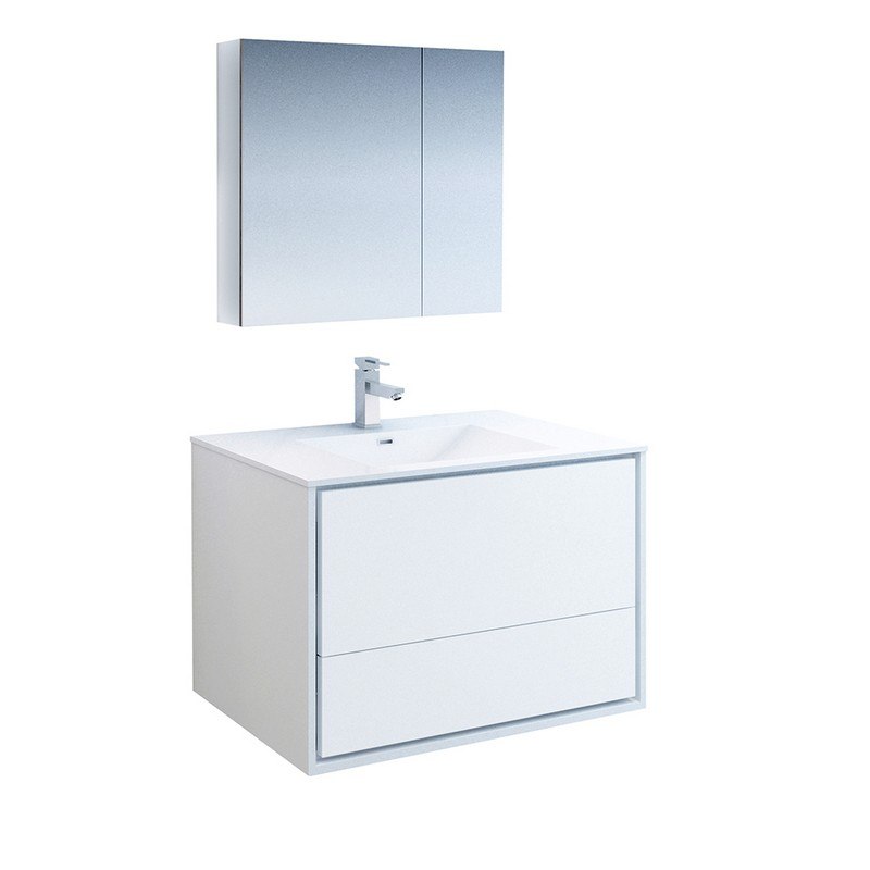 FRESCA FVN9236WH CATANIA 36 INCH GLOSSY WHITE WALL HUNG MODERN BATHROOM VANITY WITH MEDICINE CABINET