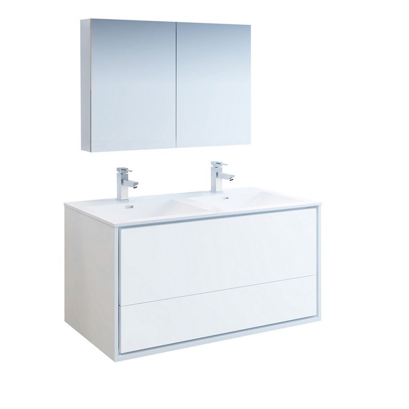 FRESCA FVN9248WH-D CATANIA 48 INCH GLOSSY WHITE WALL HUNG DOUBLE SINK MODERN BATHROOM VANITY WITH MEDICINE CABINET