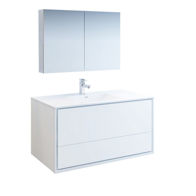 FRESCA FVN9248WH CATANIA 48 INCH GLOSSY WHITE WALL HUNG MODERN BATHROOM VANITY WITH MEDICINE CABINET