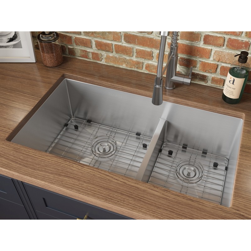 RUVATI RVH7357 URBANA 30 INCH LOW-DIVIDE UNDERMOUNT ROUNDED CORNERS 60/40 DOUBLE BOWL 16 GAUGE KITCHEN SINK - STAINLESS STEEL