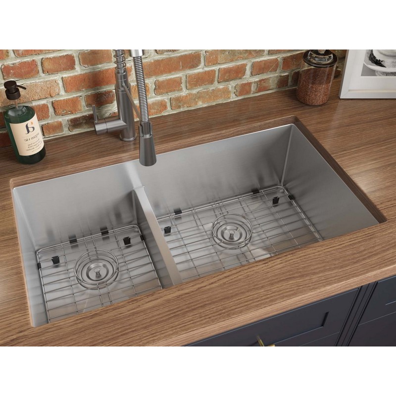 RUVATI RVH7418 URBANA 33 INCH LOW-DIVIDE UNDERMOUNT 40/60 DOUBLE BOWL 16 GAUGE ROUNDED CORNERS KITCHEN SINK - STAINLESS STEEL