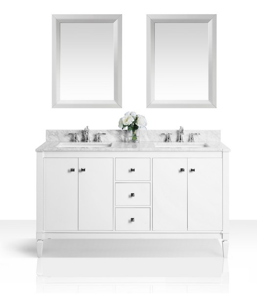 ANCERRE DESIGNS VTSM-KAYLEIGH-60-W-CW KAYLEIGH 60 INCH BATH VANITY SET IN WHITE WITH ITALIAN CARRARA WHITE MARBLE VANITY TOP AND 24 INCH WHITE MIRROR