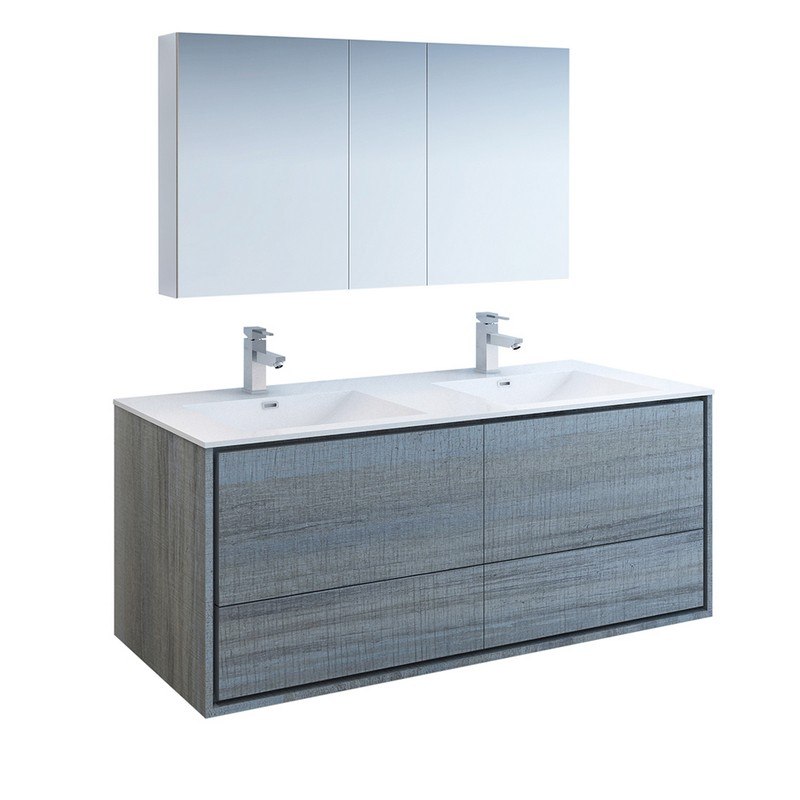 FRESCA FVN9260OG-D CATANIA 60 INCH OCEAN GRAY WALL HUNG DOUBLE SINK MODERN BATHROOM VANITY WITH MEDICINE CABINET