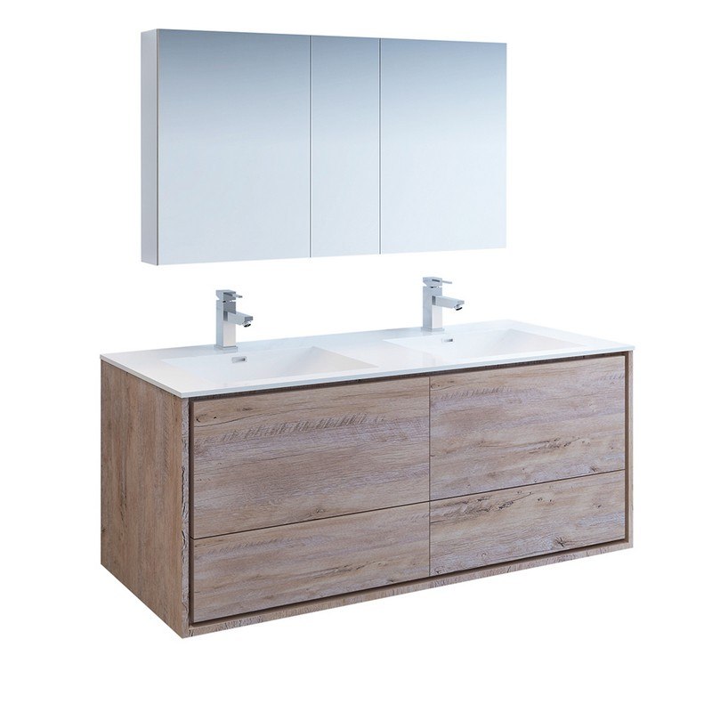 Double Sink Modern Bathroom Vanity, Natural Wood Vanity 60 Inch