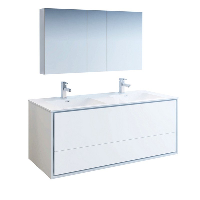 FRESCA FVN9260WH-D CATANIA 60 INCH GLOSSY WHITE WALL HUNG DOUBLE SINK MODERN BATHROOM VANITY WITH MEDICINE CABINET