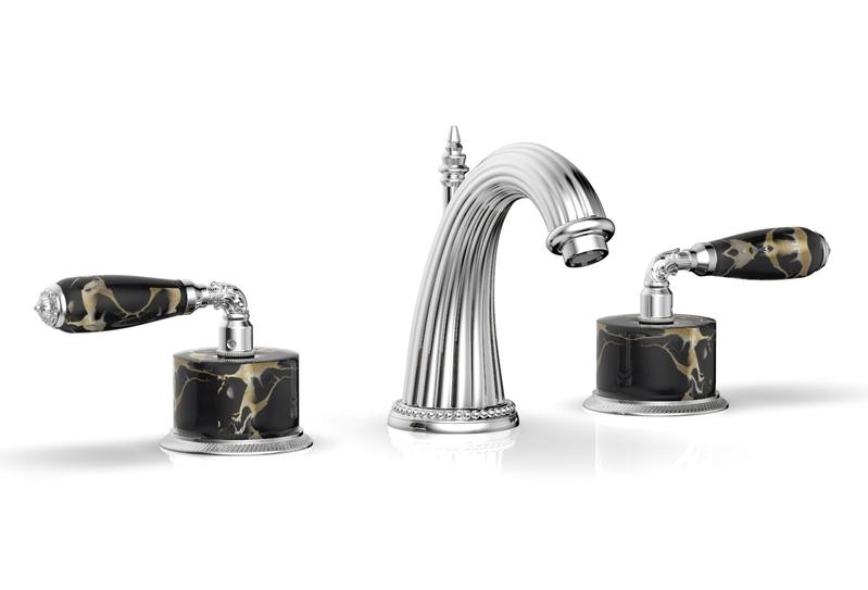 PHYLRICH K338C VALENCIA THREE HOLE WIDESPREAD BATHROOM FAUCET WITH BLACK MARBLE LEVER HANDLES