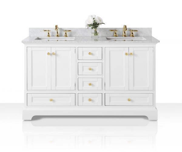 ANCERRE DESIGNS VTS-AUDREY-60-W-CW-GD AUDREY 60 INCH BATH VANITY SET IN WHITE WITH ITALIAN CARRARA WHITE MARBLE VANITY TOP AND WHITE UNDERMOUNT BASIN WITH GOLD HARDWARE