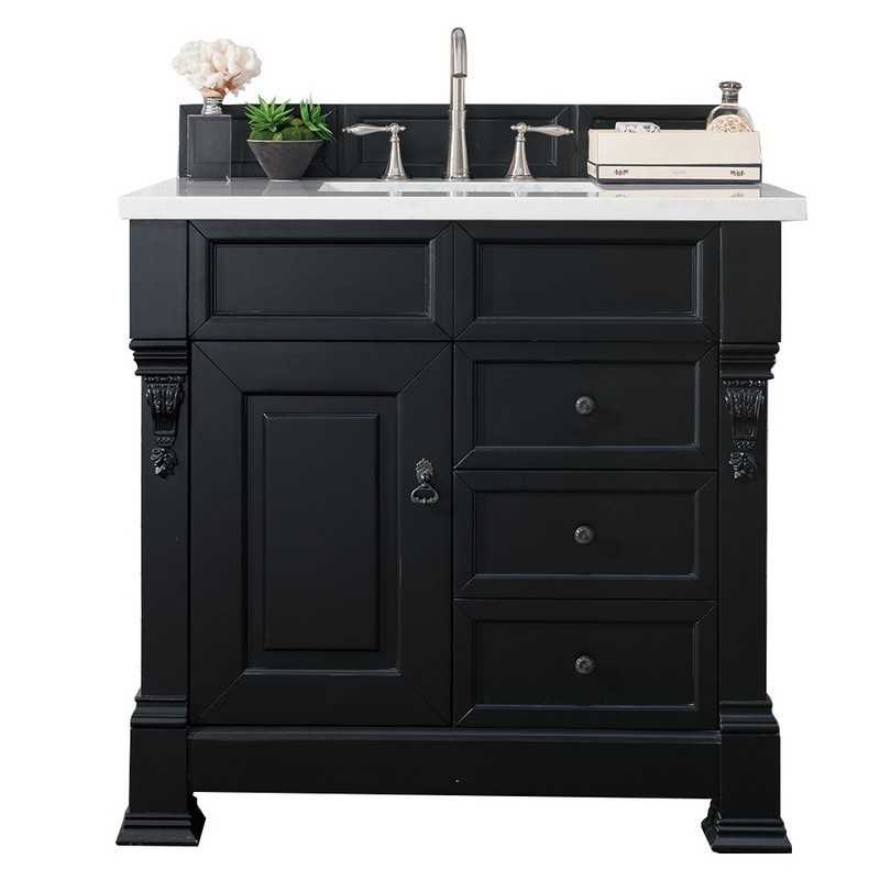 JAMES MARTIN 147-114-5536-3AF BROOKFIELD 36 INCH ANTIQUE BLACK SINGLE VANITY WITH DRAWERS WITH 3 CM ARCTIC FALL SOLID SURFACE TOP
