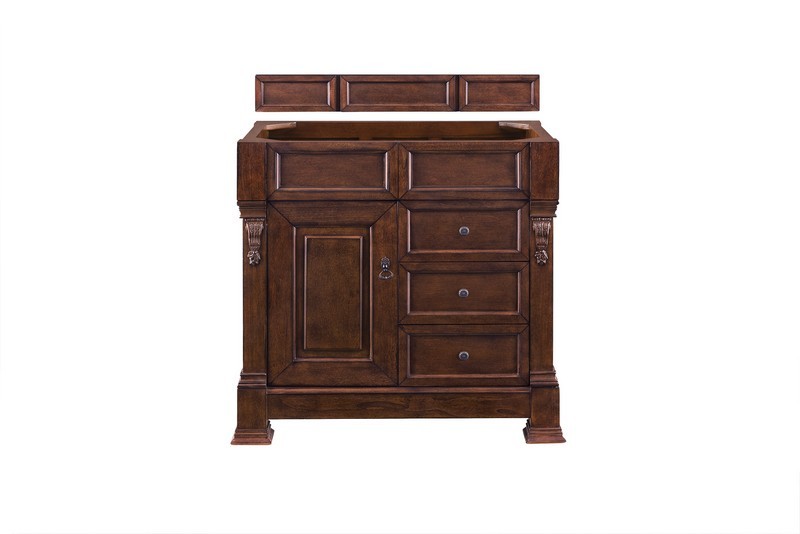 JAMES MARTIN 147-114-5586-3AF BROOKFIELD 36 INCH WARM CHERRY SINGLE VANITY WITH DRAWERS WITH 3 CM ARCTIC FALL SOLID SURFACE TOP