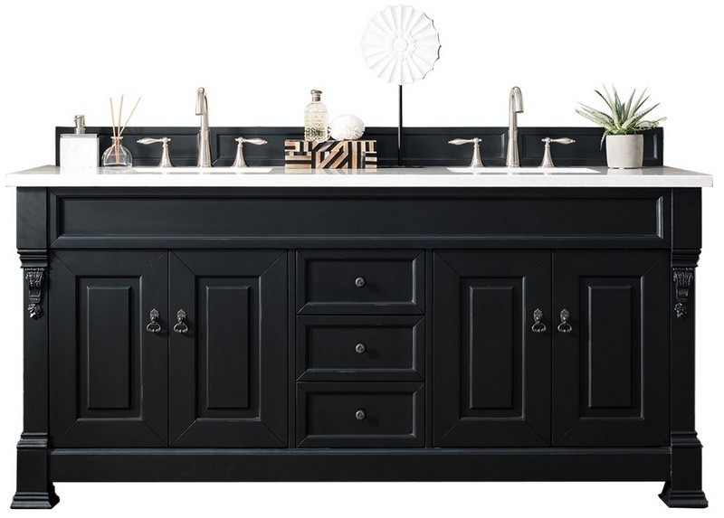 JAMES MARTIN 147-114-5731-3AF BROOKFIELD 72 INCH ANTIQUE BLACK DOUBLE VANITY WITH 3 CM ARCTIC FALL SOLID SURFACE TOP