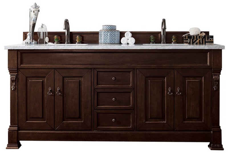JAMES MARTIN 147-114-5761-3AF BROOKFIELD 72 INCH BURNISHED MAHOGANY DOUBLE VANITY WITH 3 CM ARCTIC FALL SOLID SURFACE TOP