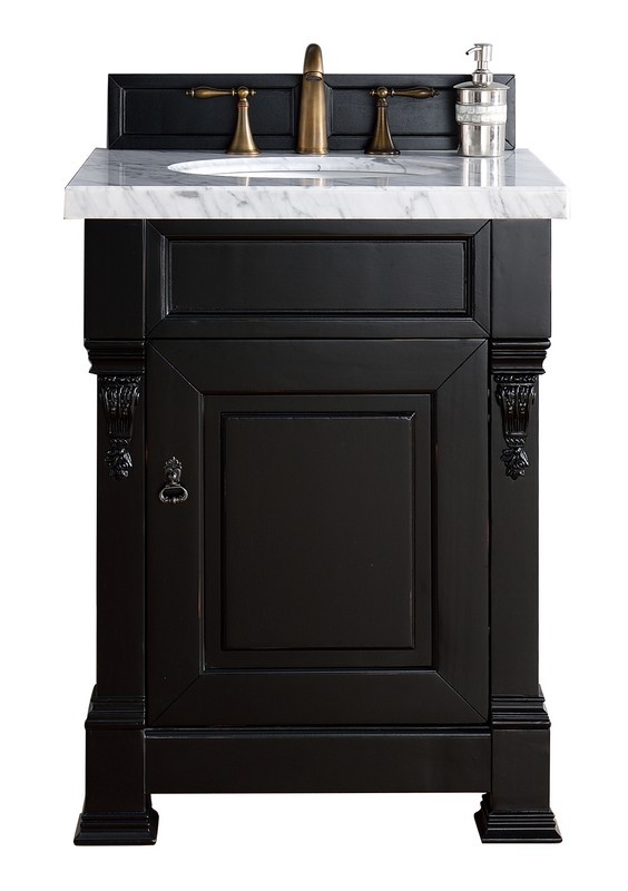 JAMES MARTIN 147-114-V26-AQB-3AF BROOKFIELD 26 INCH ANTIQUE BLACK SINGLE VANITY WITH 3 CM ARCTIC FALL SOLID SURFACE TOP