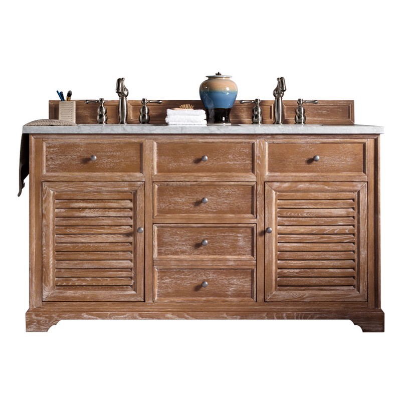 JAMES MARTIN 238-104-5611-3AF SAVANNAH 60 INCH DRIFTWOOD DOUBLE VANITY WITH 3 CM ARCTIC FALL SOLID SURFACE TOP