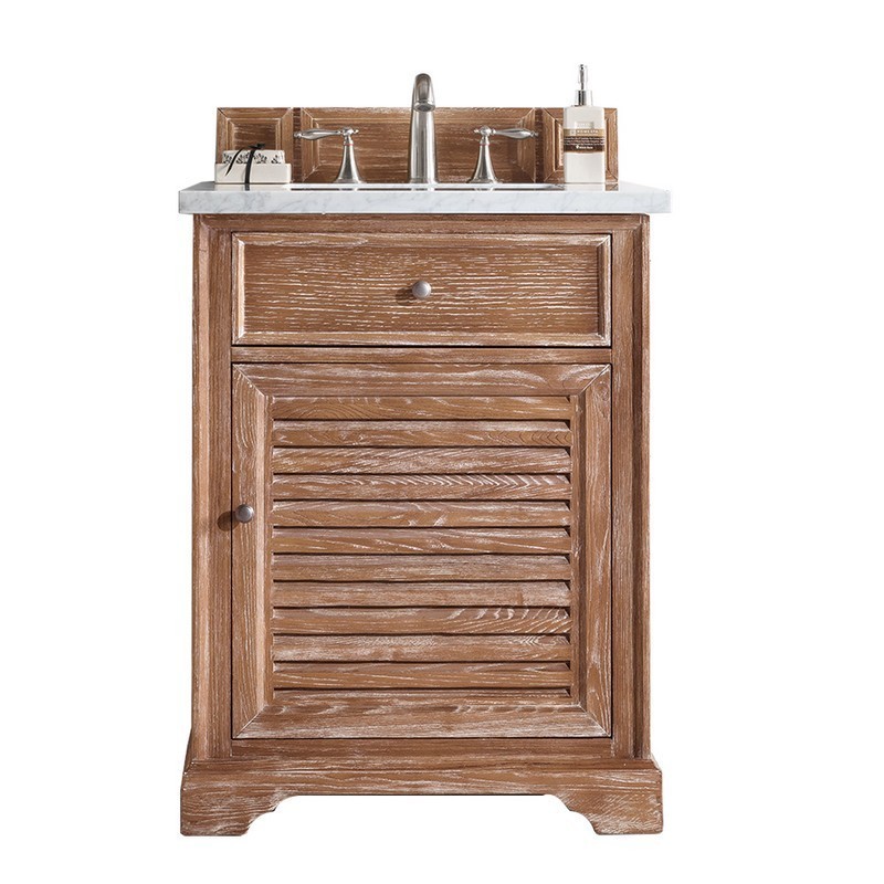JAMES MARTIN 238-104-V26-DRF-3AF SAVANNAH 26 INCH DRIFTWOOD SINGLE VANITY WITH 3 CM ARCTIC FALL SOLID SURFACE TOP