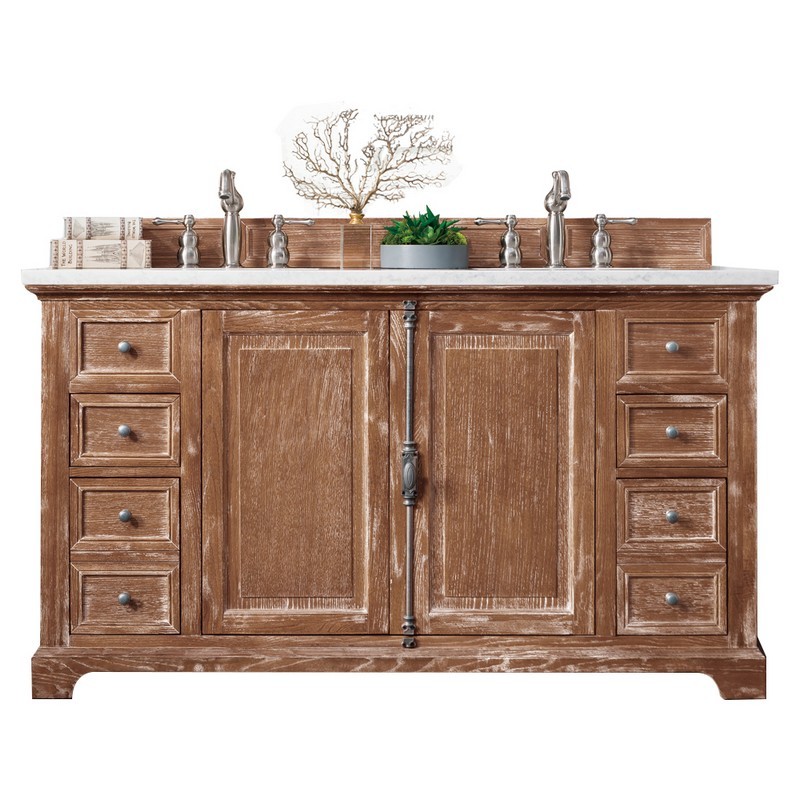 JAMES MARTIN 238-105-5611-3AF PROVIDENCE 60 INCH DRIFTWOOD DOUBLE VANITY WITH 3 CM ARCTIC FALL SOLID SURFACE TOP