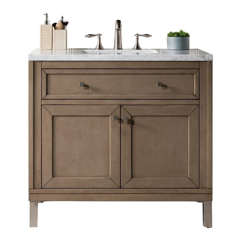JAMES MARTIN 305-V36-WWW-3AF CHICAGO 36 INCH WHITEWASHED WALNUT SINGLE VANITY WITH 3 CM ARCTIC FALL SOLID SURFACE TOP