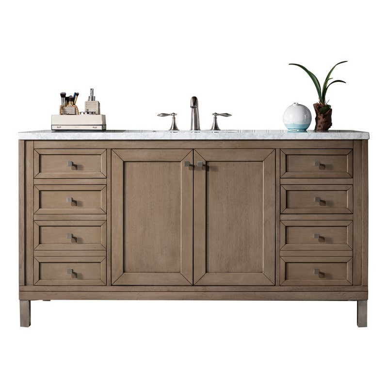 JAMES MARTIN 305-V60S-WWW-3AF CHICAGO 60 INCH WHITEWASHED WALNUT SINGLE VANITY WITH 3 CM ARCTIC FALL SOLID SURFACE TOP