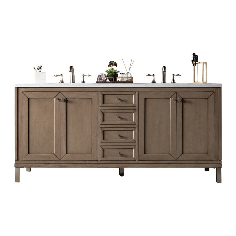 JAMES MARTIN 305-V72-WWW-3AF CHICAGO 72 INCH WHITEWASHED WALNUT DOUBLE VANITY WITH 3 CM ARCTIC FALL SOLID SURFACE TOP