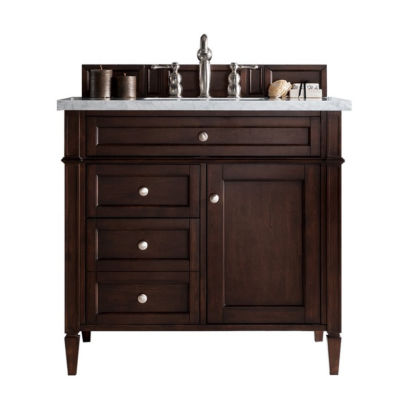 JAMES MARTIN 650-V36-BNM-3AF BRITTANY 36 INCH BURNISHED MAHOGANY SINGLE VANITY WITH 3 CM ARCTIC FALL SOLID SURFACE TOP