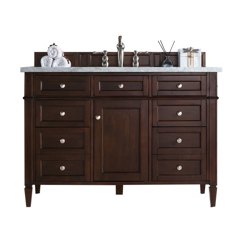 JAMES MARTIN 650-V48-BNM-3AF BRITTANY 48 INCH BURNISHED MAHOGANY SINGLE VANITY WITH 3 CM ARCTIC FALL SOLID SURFACE TOP