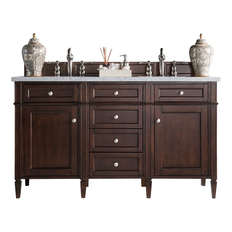 JAMES MARTIN 650-V60D-BNM-3AF BRITTANY 60 INCH BURNISHED MAHOGANY DOUBLE VANITY WITH 3 CM ARCTIC FALL SOLID SURFACE TOP