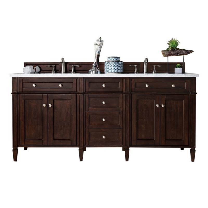 JAMES MARTIN 650-V72-BNM-3AF BRITTANY 72 INCH BURNISHED MAHOGANY DOUBLE VANITY WITH 3 CM ARCTIC FALL SOLID SURFACE TOP