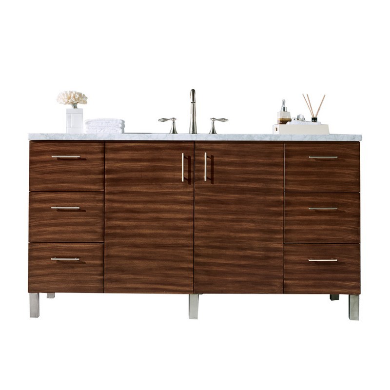 JAMES MARTIN 850-V60S-AWT-3AF METROPOLITAN 60 INCH AMERICAN WALNUT SINGLE VANITY WITH 3 CM ARCTIC FALL SOLID SURFACE TOP