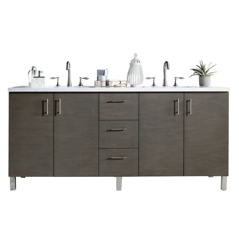 JAMES MARTIN 850-V72-SOK-3AF METROPOLITAN 72 INCH SILVER OAK DOUBLE VANITY WITH 3 CM ARCTIC FALL SOLID SURFACE TOP