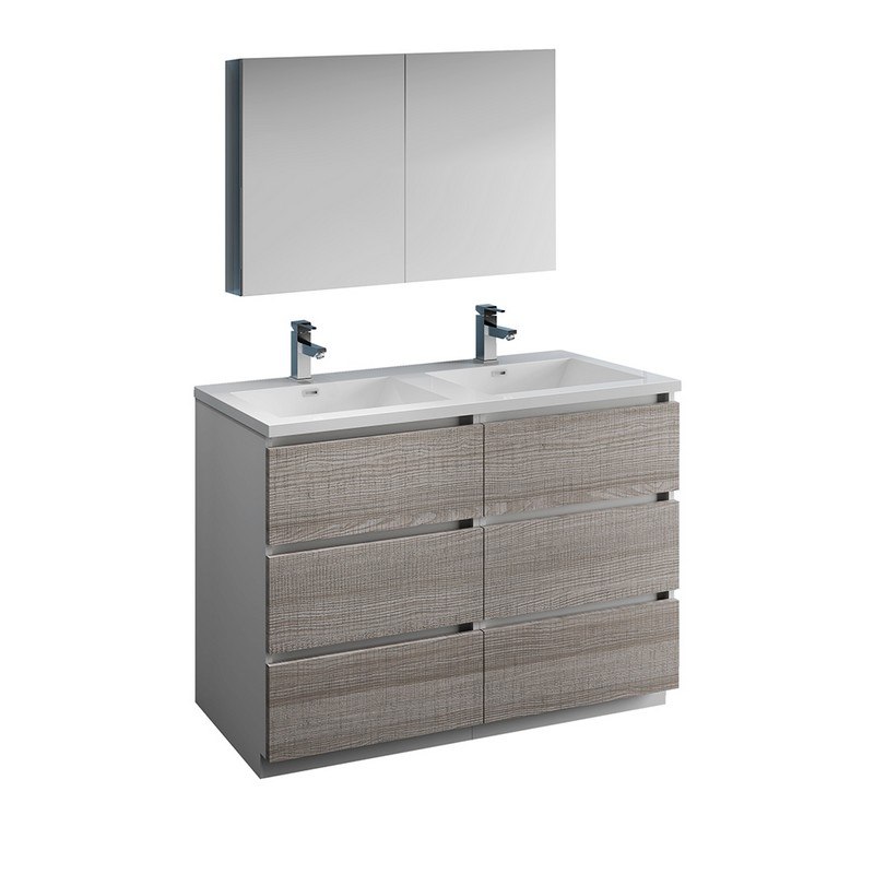 FRESCA FVN93-2424HA-D LAZZARO 48 INCH GLOSSY ASH GRAY FREE STANDING DOUBLE SINK MODERN BATHROOM VANITY WITH MEDICINE CABINET
