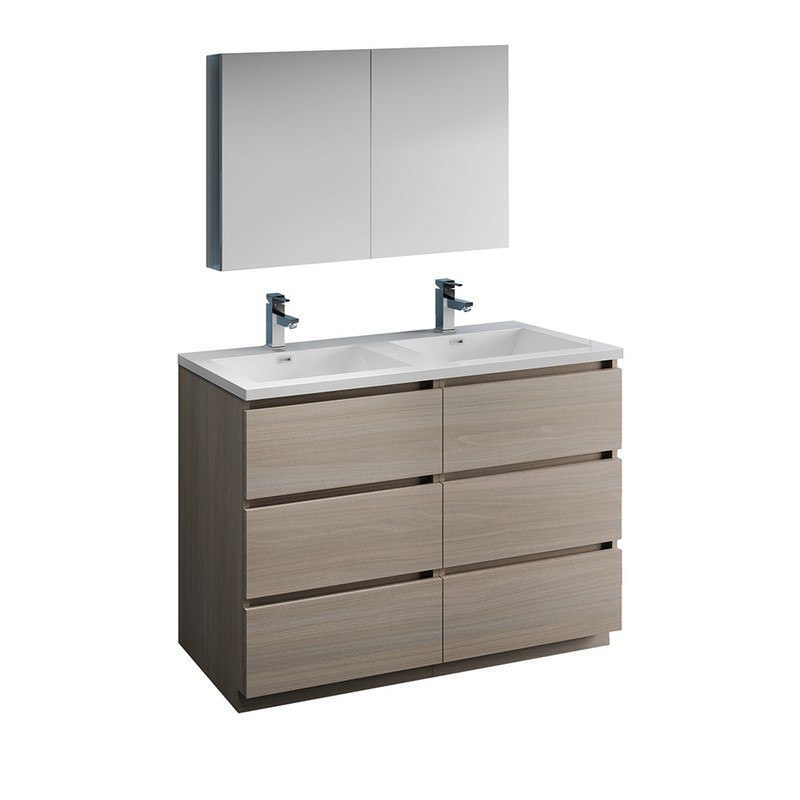 FRESCA FVN93-2424MGO-D LAZZARO 48 INCH GRAY WOOD FREE STANDING DOUBLE SINK MODERN BATHROOM VANITY WITH MEDICINE CABINET
